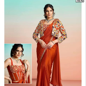 Saree Traditionnel de Créateur Saffron Flame - Sans Plis, Anti-Humidité pour Mariage/Fête - Product Image 1