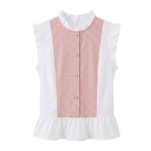 Custom Pink Gingham <b>Women's</b> Blouse Contrast <b>White</b> Ruffle Trim Sleeveless Panelled Peplum Casual Summer <b>Top</b> - Product Image 1