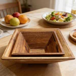 Wooden Square Bowls Set Stackable Minimalist Design For Home Food Serving Natural Wood Grain Finish Handmade Craft Bowl Server - Product Image 3