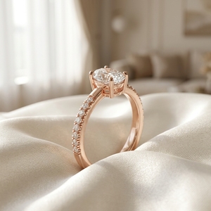 Anillo de compromiso de oro rosa de 10k, 14k, 18k con diamante cultivado en laboratorio de corte ovalado, engaste pavé, solitario de corte redondo con diamante de acento y banda de boda - Product Image 2