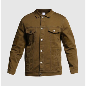 Chaqueta de mezclilla de algodón verde oliva para hombre, corte regular, cierre de botones, estilo casual, para otoño, con lavado desgastado y costuras en relieve de color sólido. - Product Image 1