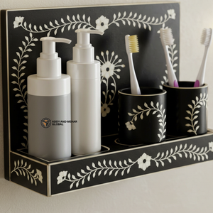 Organizador de pared con incrustaciones de hueso negro de diseño, elegante estante de almacenamiento para tocador, conjuntos decorativos para baño y organizador para aseos. - Product Image 5
