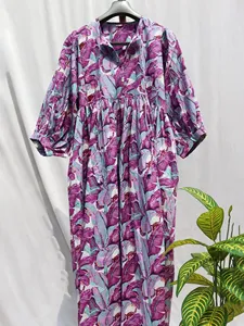 Women Floral Block Print V-Neck Midi <b>Dress</b> With Puff Sleeve <b>Loose</b> Fit Casual Summer <b>Dress</b> Breathable Woven - Product Image 3