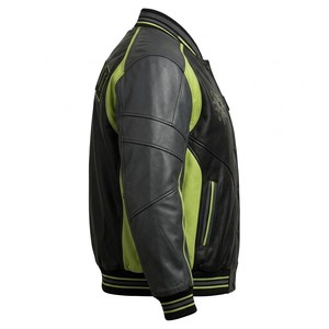Chaqueta Varsity de Cuero Genuino Negro Oscuro y Verde Lima con Ribete en Contraste Neón, Logotipo Atomic Cosido y Cierre a Presión - Product Image 3