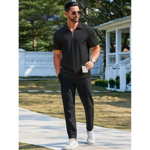 2025 hommes sombre quart fermeture éclair pour polos brodés Golf hauts motif solide haut tricot texturé décontracté à manches courtes chemise - Product Image 2