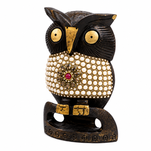 Figura de Búho de Madera Tradicional Hecha a Mano con Incrustaciones de Piedras Preciosas, Escultura Decorativa para Mesa - Product Image 2