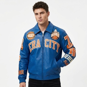 Custom Embellished <b>Rhinestone</b> Applique Genuine Leather Varsity Bomber| Private Label OEM/ODM Production Baseball Player Low MOQ - Product Image 1