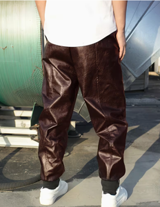 Men's Brown PU Coated Harem Pants <b>Elastic</b> <b>Waist</b> Drawstring Casual Joggers with Side Pockets Heavyweight Winter Wear Anti-Pilling - Product Image 2