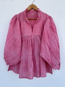 Women’s Pink and <b>White</b> Striped Cotton Babydoll Blouse with <b>Balloon</b> Sleeves, V-Neck and Gathered Waist – Custom OEM Private Label - Product Image 4