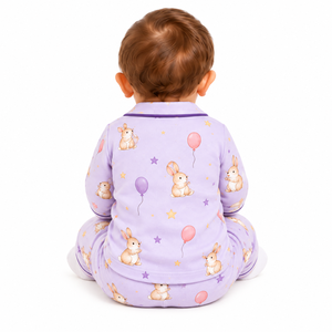 Ensemble pyjama bébé en lavande avec motif lapin, ballon et étoile, chemise à manches longues boutonnée et pantalon, tenue de nuit douce pour nourrisson et tout-petit - Product Image 6