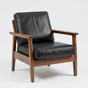 Sillón Moderno Negro con Tapicería de Cuero Vacuno Genuino, Estructura de Madera Marrón Natural, Mueble de Cuero Real para Sala de Estar - Product Image 1