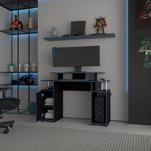 Escritorio Minimalista para Juegos con Detalles Azules y Estante Elevado para Monitor - Product Image 2