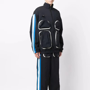 Survêtement rayé noir, bleu et blanc pour homme, manches longues, col montant, fermeture éclair, style streetwear, coupe classique, pour l'automne - Product Image 1