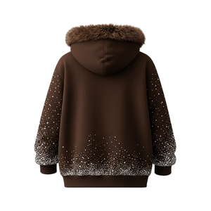 Men's Brown Custom Print Fur Hood Zip Up Hoodie Winter Fleece Streetwear Hooded <b>Jacket</b> with <b>Rhinestones</b> Design - Product Image 3