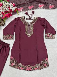 Embroidered Salwar Kameez Set Japan Satin Floral Sequin Work Outfit Women Pakistani Indian Clothing - Product Image 6