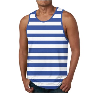 Wholesale Lightweight Custom <b>Men's</b> Blue <b>White</b> Striped Sleeveless Tank Top O-Neck Casual Knitted <b>Vest</b> Horizontal Stripe Tank Top - Product Image 1