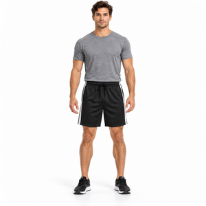 Shorts de sport pour homme, noirs, à séchage rapide, avec bande latérale, taille élastique, cordon de serrage, pour la course à pied et la gym, en mesh - Product Image 2