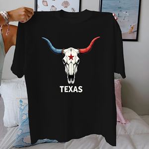 Camiseta de Mujer con Estampado de Calavera de Vaca de Texas, Corte Regular Informal, 100% Algodón, Cuello Redondo, Manga Corta, para Todas las Temporadas - Product Image 5