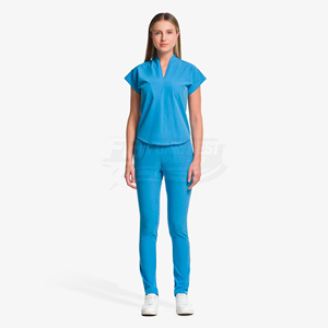 Women Blue Scrub Set Short Sleeve V-Neck Top And Pants Polyester Woven Hospital Uniform For Medical Staff - Product Image 3