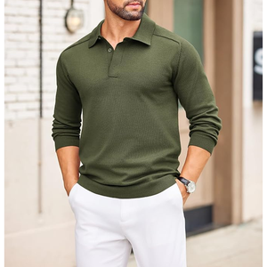 Suéter Polo de Punto para Hombre, Manga Larga, Color Sólido, Estilo Casual Otoñal, Cierre de Botones, Verde Oliva - Product Image 1