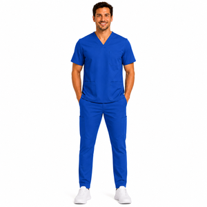 Wholesale Men Scrub <b>Set</b> Elastic Stretch V-Neck Short Sleeve Top Cargo Pants Medical Uniform Hospital Work Attire Men Scrub <b>Set</b> - Product Image 1