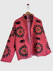Veste rose brodée à la main à motifs floraux, col châle, manches longues, grande taille, en coton, style Prairie Chic, pour le printemps - Product Image 2