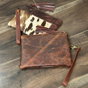 Western Hair On Hide Cartera de cuero genuino con borlas Cartera de cuero de vaca marrón oscuro Titular de la tarjeta de crédito Monedero de embrague para mujer - Product Image 5