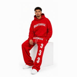 Heavy Weight Cotton Fleece <b>Drop</b> Shoulder Oversize Baggy Hoodie and Sweatpants Tracksuit for Men Rhinestone Gothic Hoodie Jogger - Product Image 2