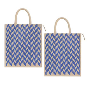 Wholesale Eco-Friendly Canvas Jute Tote <b>Bag</b> with <b>Long</b> Bamboo Handles Custom Logo Laminated Striped Pattern Reusable Shopping Car - Product Image 4