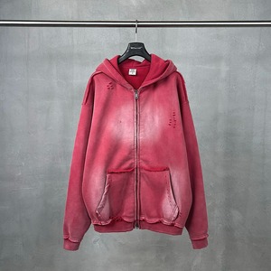 Men's Oversized Hooded Zip-Up Sweatshirt Red Tie-Dye French Terry Anti-Pilling Autumn Wear Regular Fit Pocket Design 2027 - Product Image 1