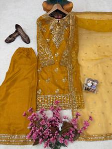 <b>Women's</b> Mustard Embroidered <b>Kurta</b> Set With Gold Thread Work Floor-Length Traditional Indian Pakistani Wear All Seasons - Product Image 5
