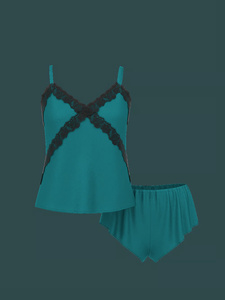 Conjunto de dormir de seda color verde azulado con encaje para mujer, sin mangas, sin tirantes, pantalones cortos, lencería de verano, satén suave, dos piezas - Product Image 3