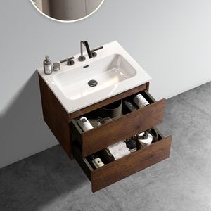 24\" Walnut Wall Mount <b>Bathroom</b> <b>Vanity</b> with Large Storage Floating Design Ceramic Sink with Three Faucet Holes 300 Series Modani - Product Image 3