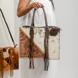 <b>Boho</b> Fashion Crossbody Purse Western Fringes <b>Bag</b> Handtooled Leather <b>Bag</b> With Hair-on Hide Floral Embossed Real Leather <b>Bag</b> - Product Image 1