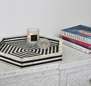 Tendencia Mejor calidad Hexagonal hecho a mano Incrustación de hueso Grado comercial Acabado pulido Bandeja de servicio India Textura floral personalizada - Product Image 1