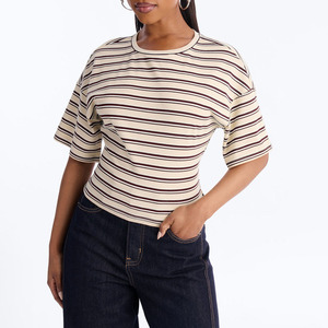 Camiseta de Manga Corta con Cuello Redondo y Rayas para Mujer, Corte Regular, Tejido de Algodón, Informal, con Lazo en la Espalda, para Verano - Product Image 1