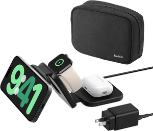 แท่นชาร์จไร้สายแม่เหล็ก 3-in-1 พร้อมพอร์ต USB-C PD 15W สำหรับโทรศัพท์มือถือ สมาร์ทวอทช์ และในรถยนต์ - ดีไซน์ซิลิโคนพกพาสะดวก - Product Image 1