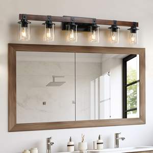 42\" Rustic Modern Farmhouse Bathroom Vanity <b>Light</b> 6-<b>Light</b> <b>Wall</b> Sconce Industrial <b>Wood</b> Accent Glass Shades No Bulbs Included - Product Image 6