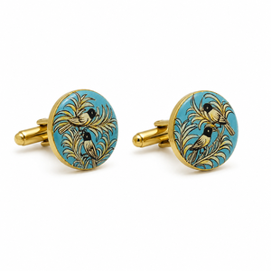 Mancuernillas de Latón con Motivo de Dos Pájaros, Esmaltadas a Mano con Turquesa y Dorado, para Fiestas Formales o Cumpleaños - Product Image 2
