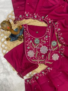 Conjunto de traje Anarkali de viscosa y seda romana para mujer con bordado a mano de múltiples hilos y dupatta de seda Chanderi - Product Image 6