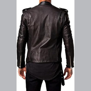 Blouson de motard en cuir véritable pour homme, style vintage vieilli, avec patchwork gaufré, fermeture éclair, col montant, coupe ajustée - Product Image 2