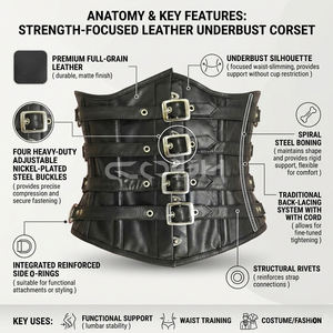 Genuine Leather Multi-Buckle Waist Cincher Heavy Duty Steel Boned <b>Waspie</b> Corset with D-Rings | Wholesale Punk Gothic <b>Belt</b> - Product Image 6