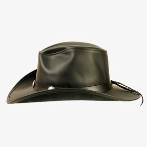 Chapeau de cowboy en cuir noir de qualité supérieure, à large bord, style western avec bande en concho métallique, style classique Rodeo Ranch pour hommes et femmes - Product Image 2