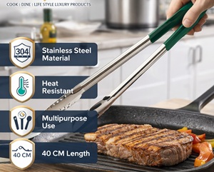 Stainless Steel Polished Heavy Duty Kitchen Tongs 30 cm Heat Resistant Green Handle | Multipurpose Smokers <b>BBQ</b> Camping Serving - Product Image 5