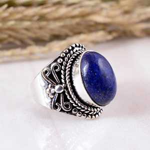 SHYAM JEWELRS Handmade Lapis Lazuli 925 Sterling Silver Wide Leaf Band <b>Statement</b> <b>Ring</b> Natural Blue Gemstone Jewelry Boho Ethnic - Product Image 2