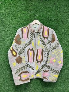 Bohemian Gray <b>Velvet</b> Suzani Embroidered <b>Jacket</b> with Floral Pattern Full Sleeve Stand Collar Women's Spring Outerwear - Product Image 5