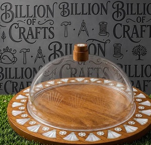 Plateau en bois avec dôme en plexiglas acrylique, incrusté de perles, plateau de service, assiette à chocolat, assiette à dattes, assiette à dessert pour la décoration de la maison - Product Image 5