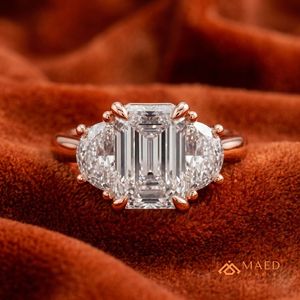 Elegant Rose Gold Radiant Cut Moissanite Engagement Wedding & Anniversary Three Stone Half Moon <b>Ring</b> High Quality Fine Jewellery - Product Image 3