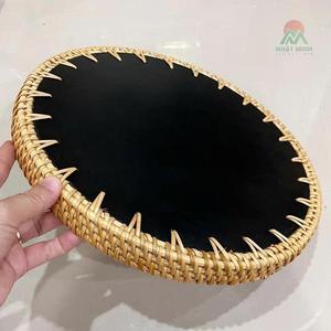 Hand-woven serving tray inlaid with rattan and capiz shell; coffee and tea tray; round decorative tray featuring <b>blue</b> floral - Product Image 3