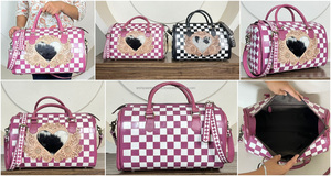 Western Pattern 2026 Pink & White Checkered Hand <b>Tooled</b> Genuine Cow <b>Leather</b> Speedy Bag Cowgirl Stylish Crossbody Duffel Bag - Product Image 3